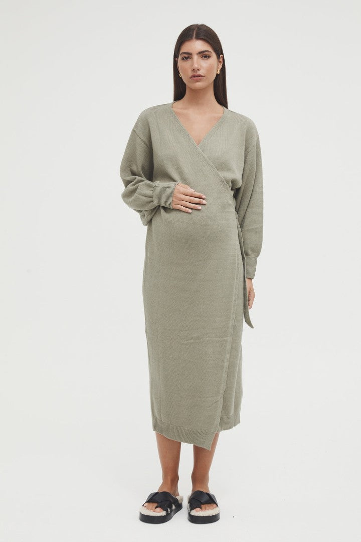 Knit Cotton Wrap Dress - Olive | Legoe Heritage | Maternity Dresses Canada