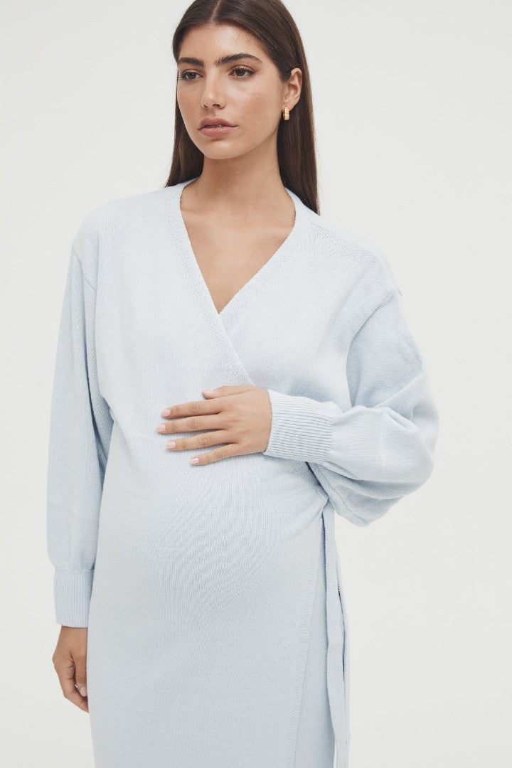 Knit Cotton Maternity Wrap Dress - Powder Blue | Legoe Heritage | CARRY | Maternity Dresses Canada