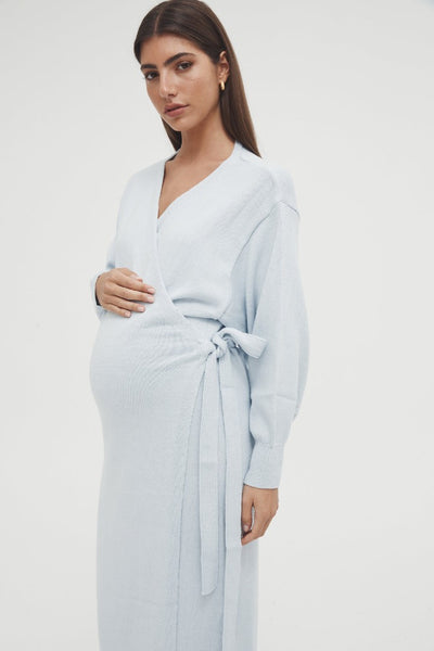 Knit Cotton Maternity Wrap Dress - Powder Blue | Legoe Heritage | CARRY | Maternity Dresses Canada