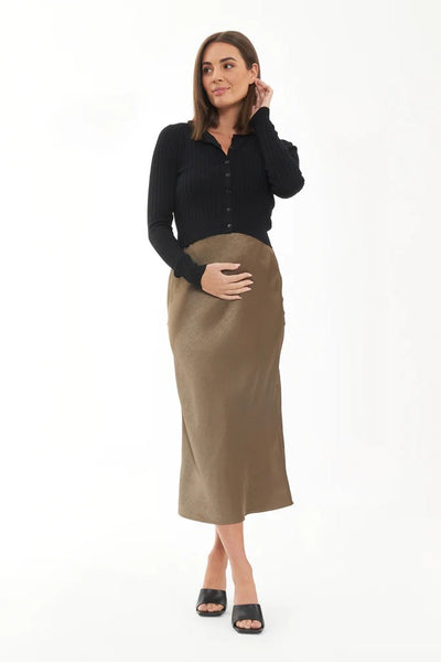 Lexie Maternity Satin Skirt | Olive | Ripe Maternity | CARRY | Maternity Skirts Canada