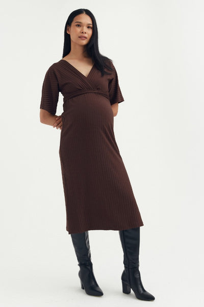 Luxe Rib Slit Dress - Brown | CARRY | Maternity and Nursing Dresses Canada