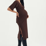 Luxe Rib Slit Dress - Brown | CARRY | Maternity and Nursing Dresses Canada