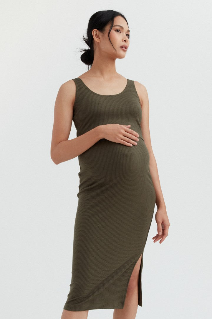 Maeve Rib Nursing Tank Dress - Khaki | CARRY | Maternity and Nursing Dresses Canada