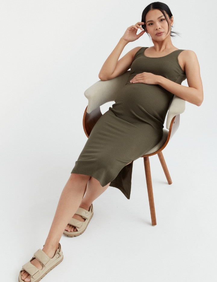 Maeve Rib Nursing Tank Dress - Khaki | CARRY | Maternity and Nursing Dresses Canada