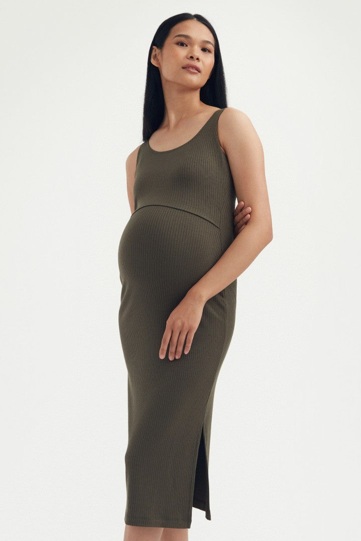 Maternity and Nursing Ribbed Tank Dress Khaki Green Carry