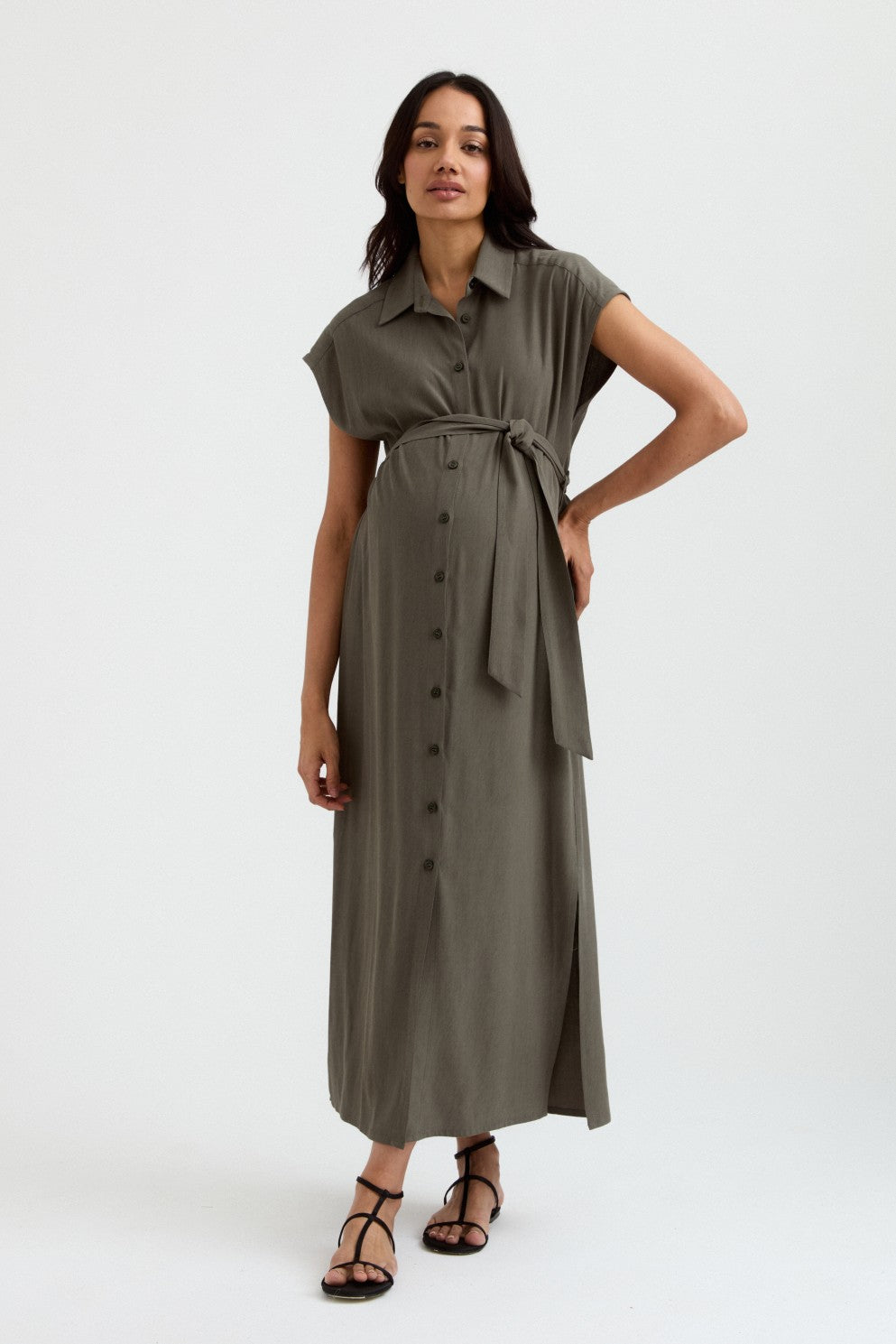 Khaki midi 2024 shirt dress