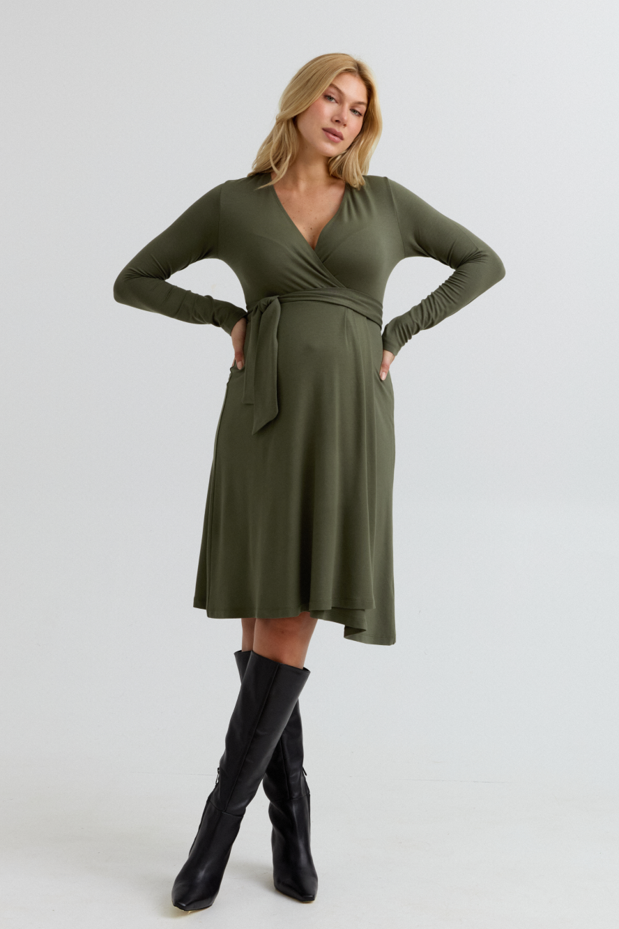 Olivia Soft Maternity Wrap Dress (Khaki) | CARRY