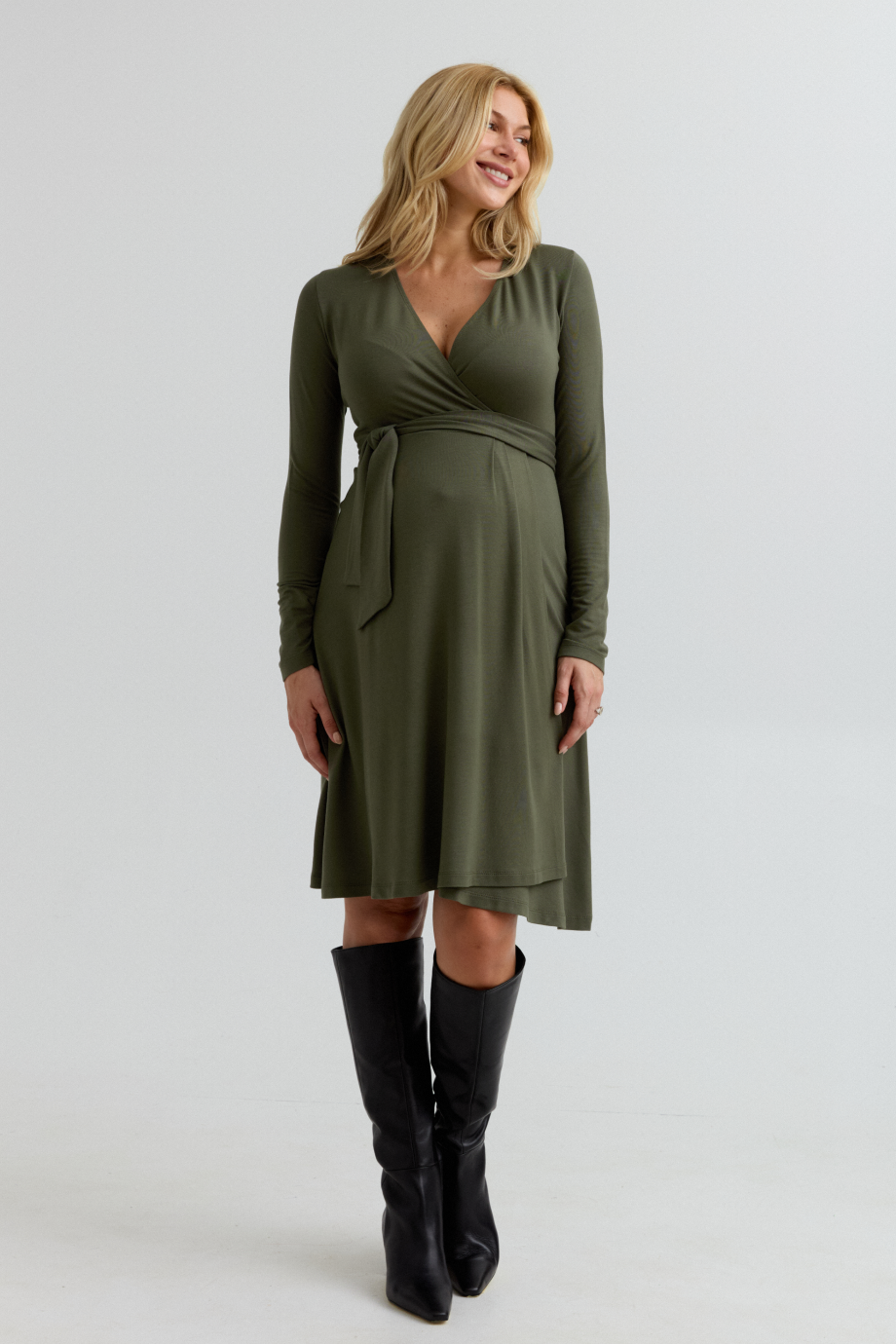 Olivia Soft Maternity Wrap Dress (Khaki) | CARRY