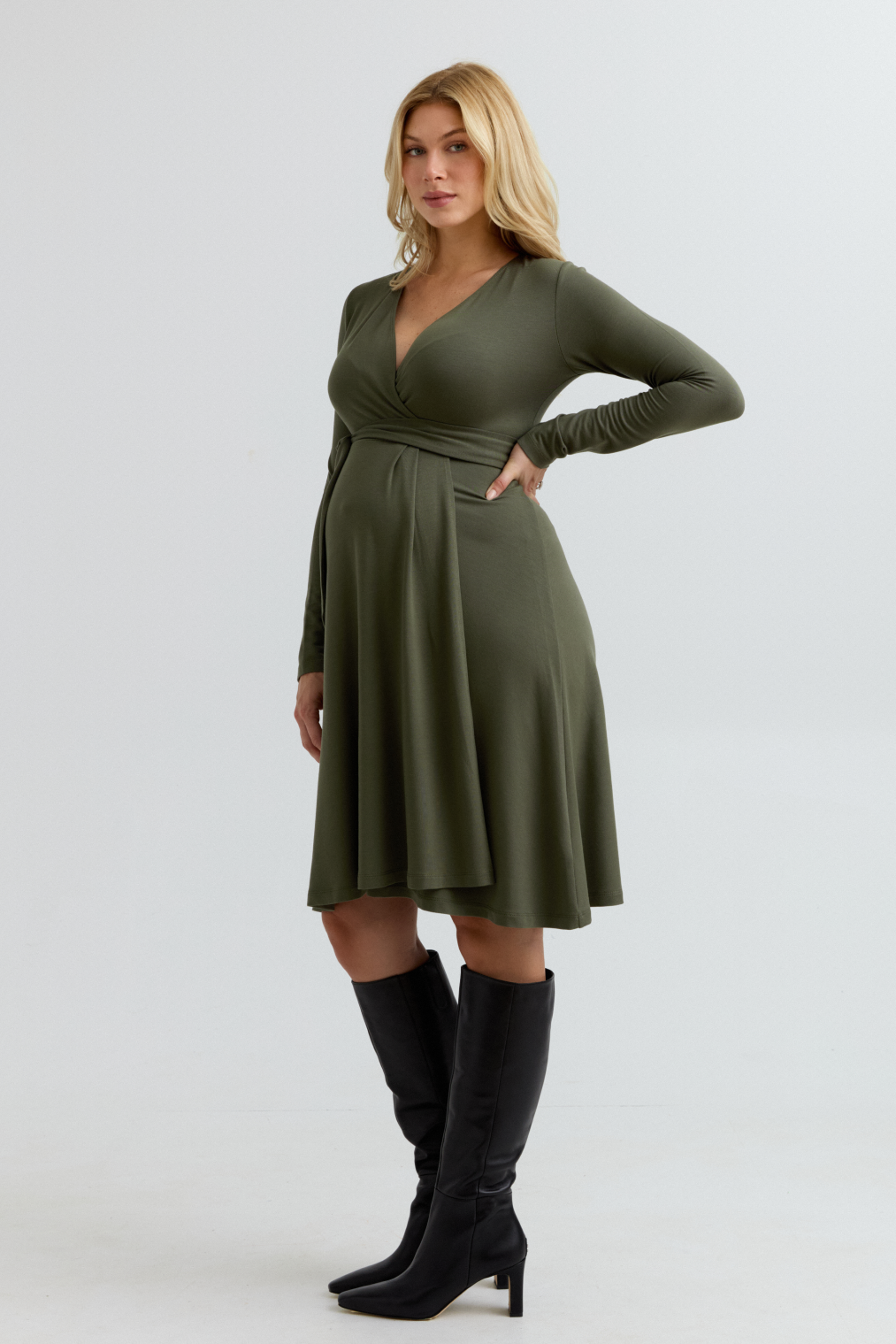 Olivia Soft Maternity Wrap Dress (Khaki) | CARRY