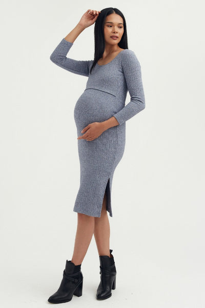 Riley Pointelle Nursing Dress - Heather Blue | CARRY | Maternity and Nursing Dresses Canada