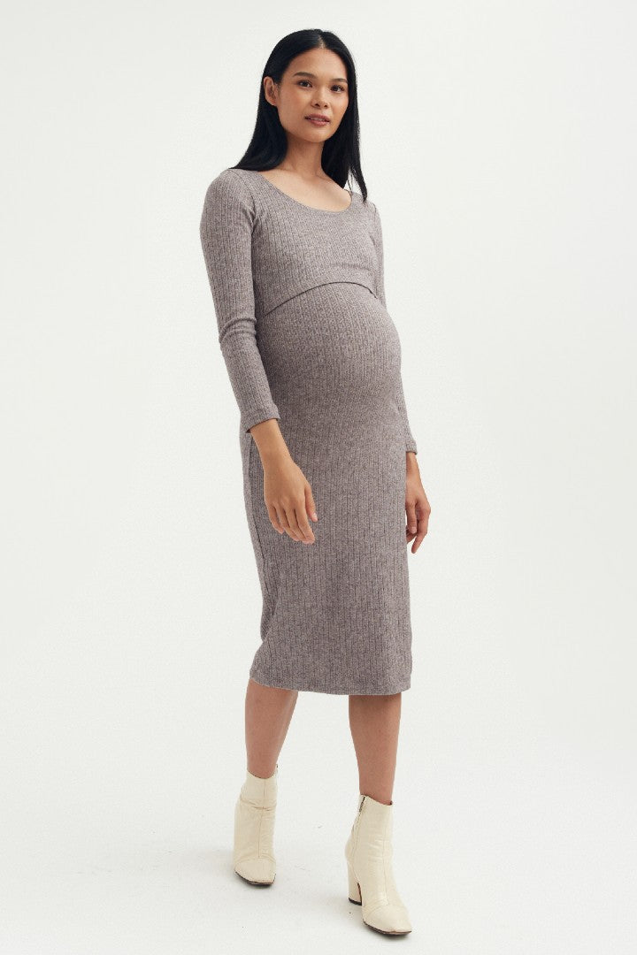 Riley Pointelle Nursing Dress - Taupe | CARRY | Maternity and Nursing Dresses Canada