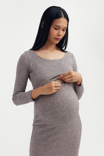Riley Pointelle Nursing Dress - Taupe | CARRY | Maternity and Nursing Dresses Canada