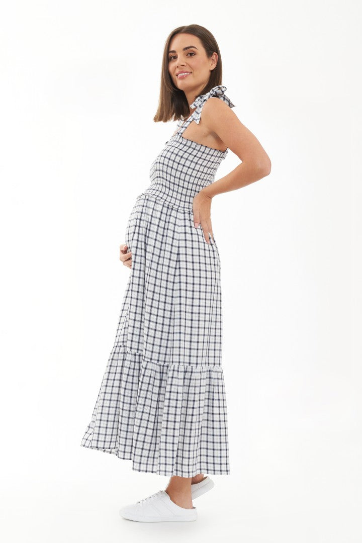 Phoebe Smocked Maternity Dress (White Plaid) | Maternity Dresses Canada