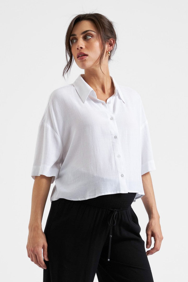 Farrah Crop Button-Up Shirt (White) | Ripe Maternity