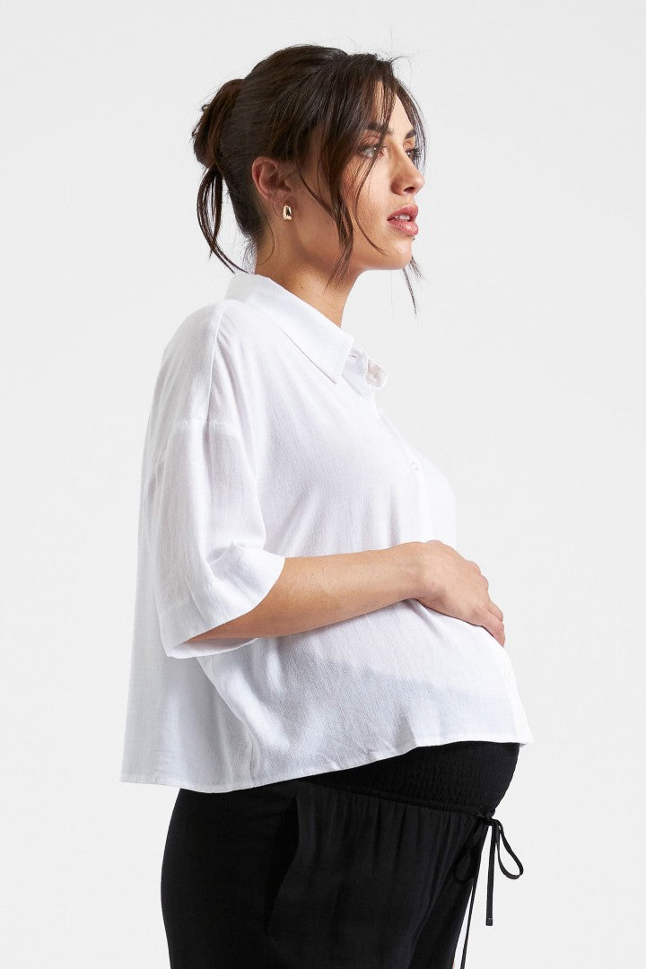 Farrah Crop Button-Up Shirt (White) | Ripe Maternity