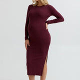 Soft Stretchy Fitted Maxi Maternity Dress (Maroon) | CARRY