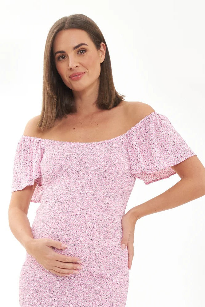 Selma Shirred Dress - Pink | Ripe Maternity | CARRY | Maternity Baby Shower Dresses Canada