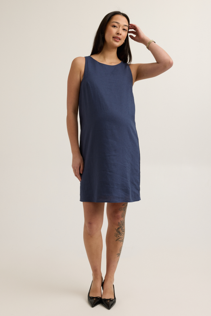 Chic Maternity Linen-Blend Shift Dress (Navy) | CARRY