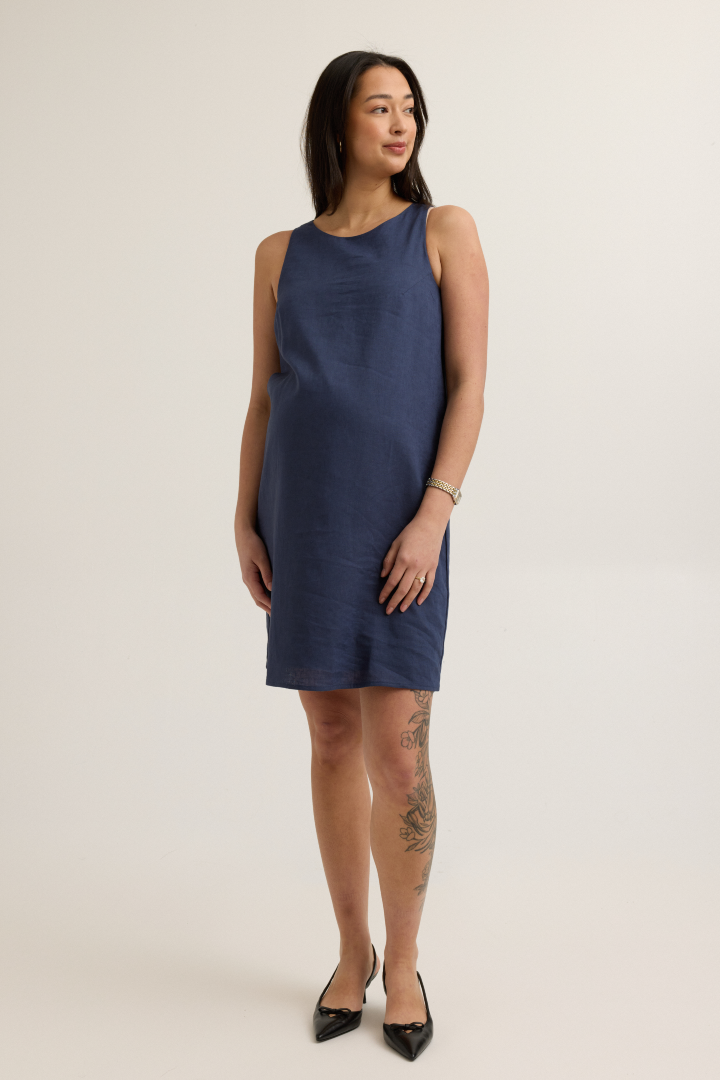 Chic Maternity Linen-Blend Shift Dress (Navy) | CARRY