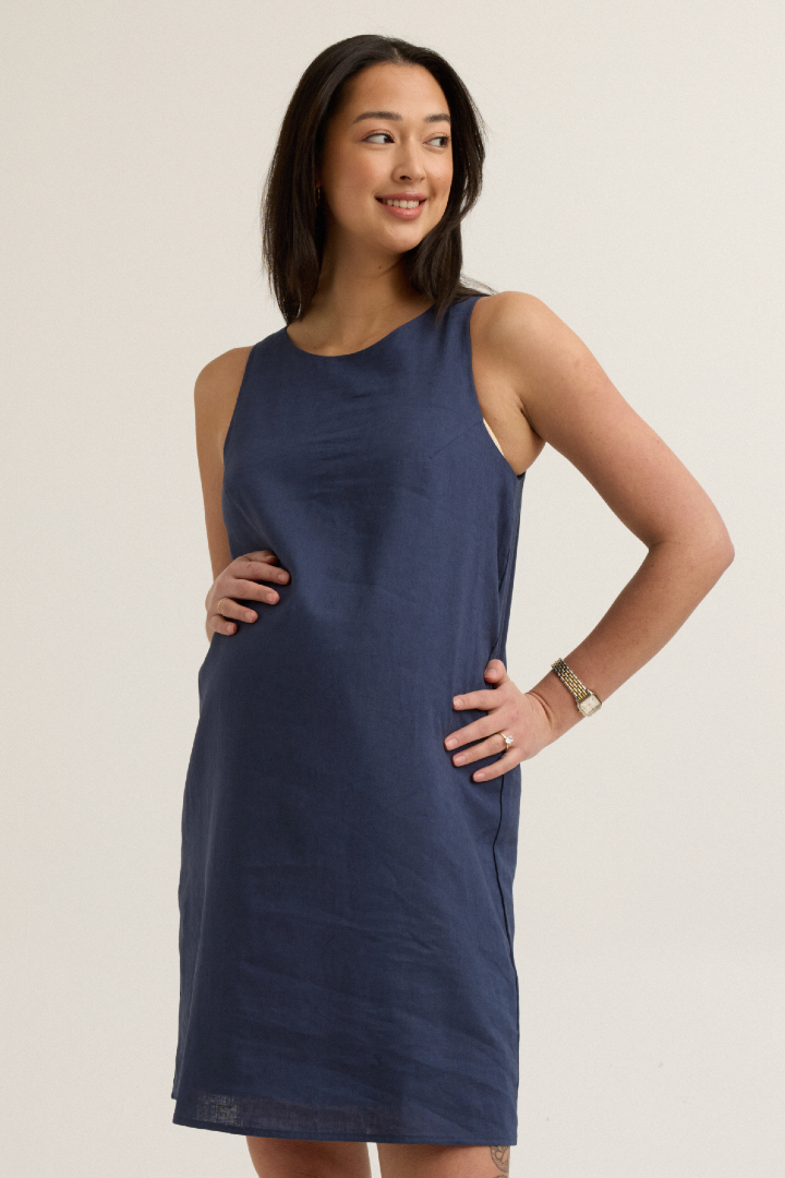 Chic Maternity Linen-Blend Shift Dress (Navy) | CARRY