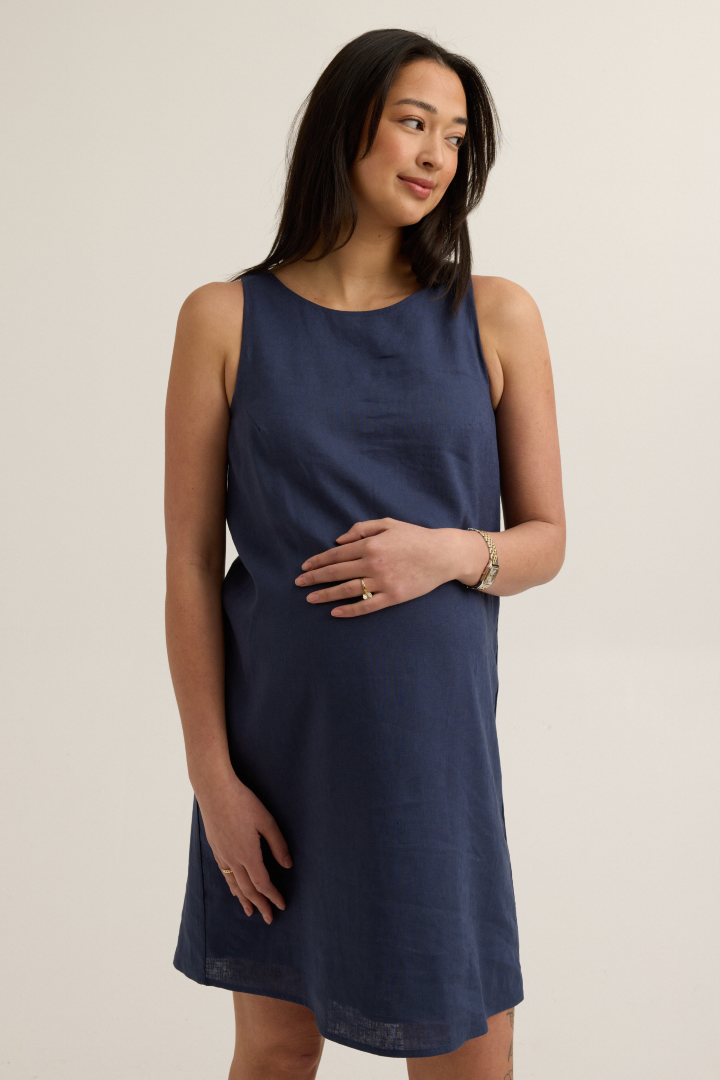 Chic Maternity Linen-Blend Shift Dress (Navy) | CARRY