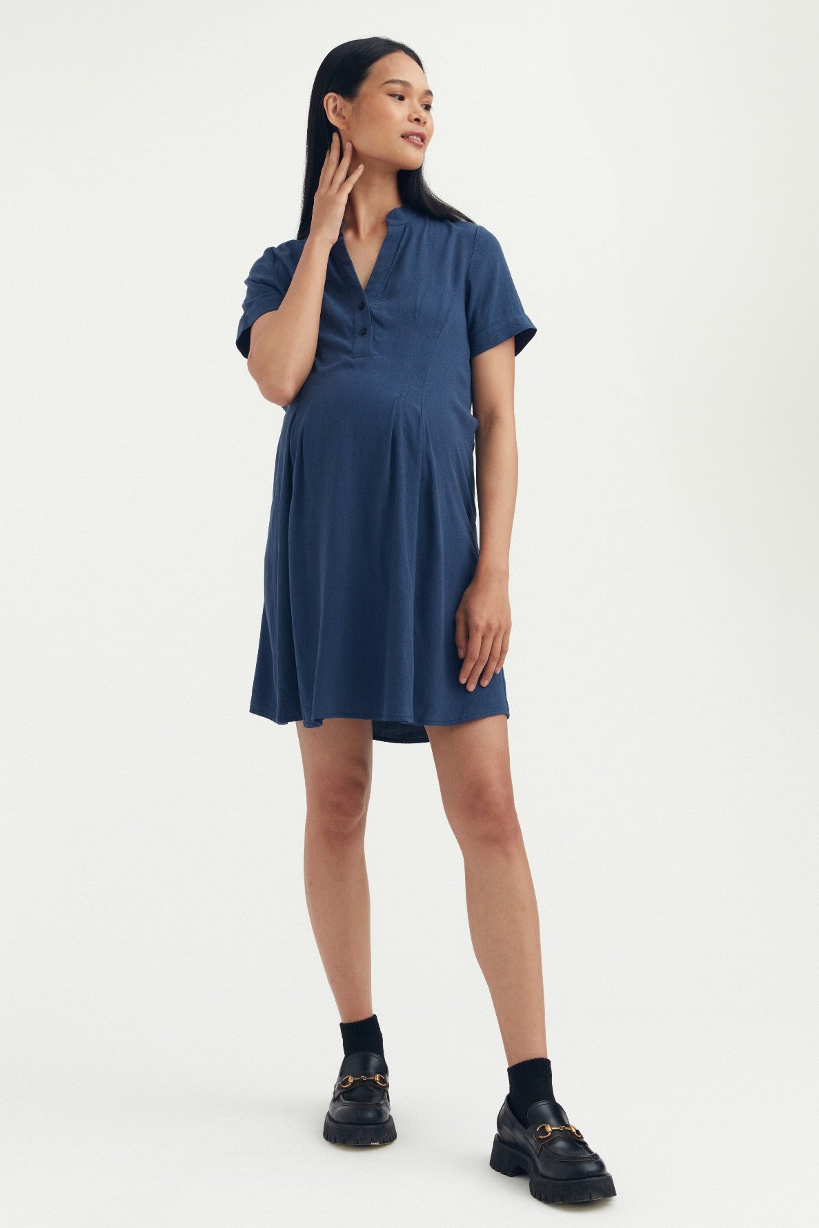 Tencel Pleated Shirt Dress - Ocean | Carry Maternity | Maternity Dresses Canada