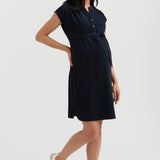 Navy Belted Woven Dress | CARRY | Maternity & Nursing Dress Toronto Canada