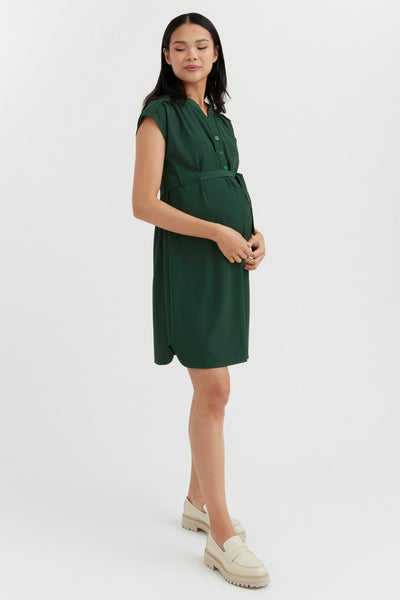 Belted Woven Dress | Emerald Green | CARRY Maternity | Maternity and Nursing Work Dress Canada