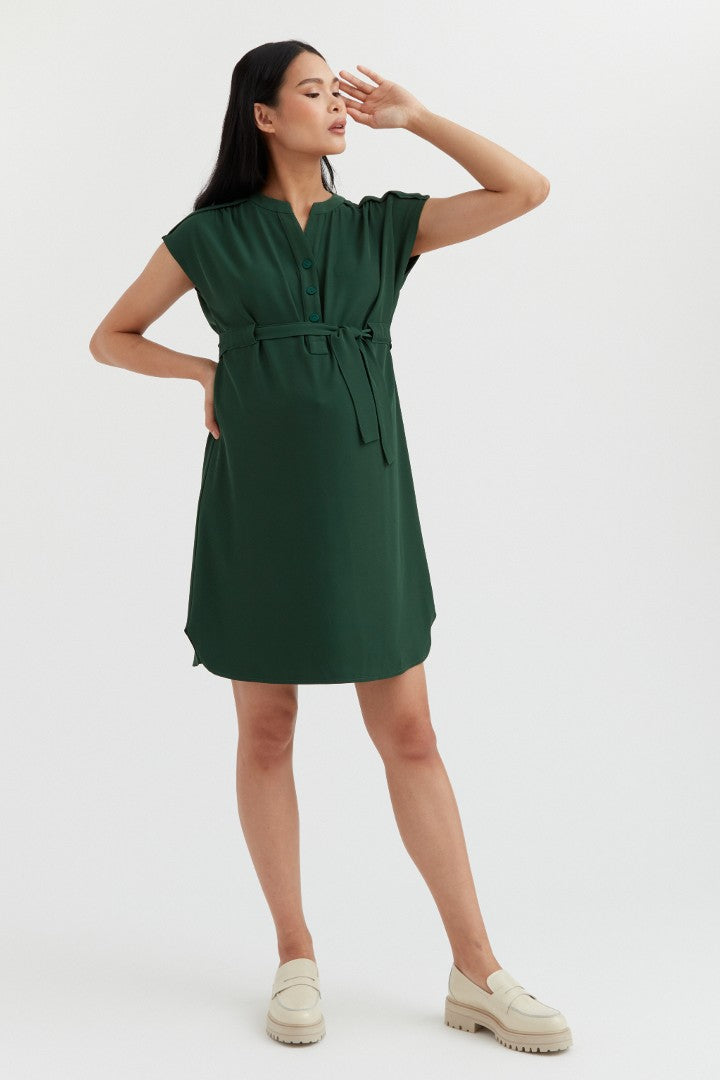 Belted Woven Dress | Emerald Green | CARRY Maternity | Maternity and Nursing Work Dress Canada