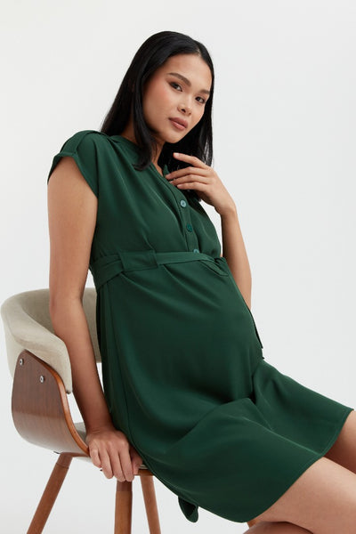Belted Woven Dress | Emerald Green | CARRY Maternity | Maternity and Nursing Work Dress Canada