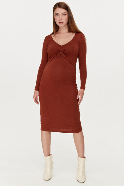 Butter-Soft Rust Long Sleeve Maternity & Nursing Midi Dress | CARRY | Maternity Store | Toronto Canada