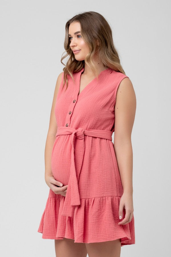 June Coral Sleeveless Maternity & Nursing Tiered Dress | Ripe Maternity | CARRY | Toronto Canada