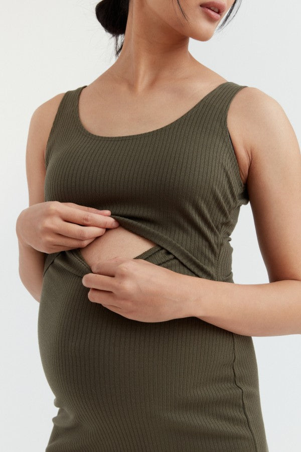 Maeve Rib Nursing Tank Dress | Khaki Green | CARRY Maternity | Maternity Nursing Dresses Canada