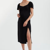 Selena Flutter Sleeve Black Maternity Slit Midi Dress - Black | CARRY Maternity Dresses Canada