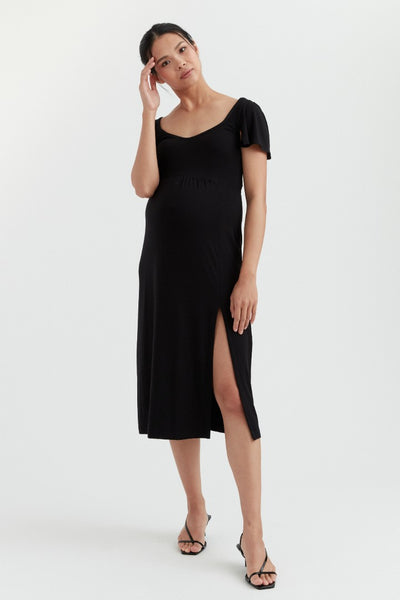Selena Flutter Sleeve Black Maternity Slit Midi Dress - Black | CARRY Maternity Dresses Canada