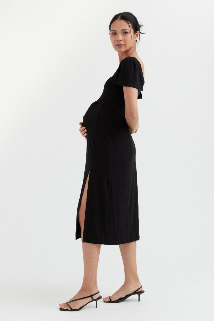 Selena Flutter Sleeve Black Maternity Slit Midi Dress - Black | CARRY Maternity Dresses Canada