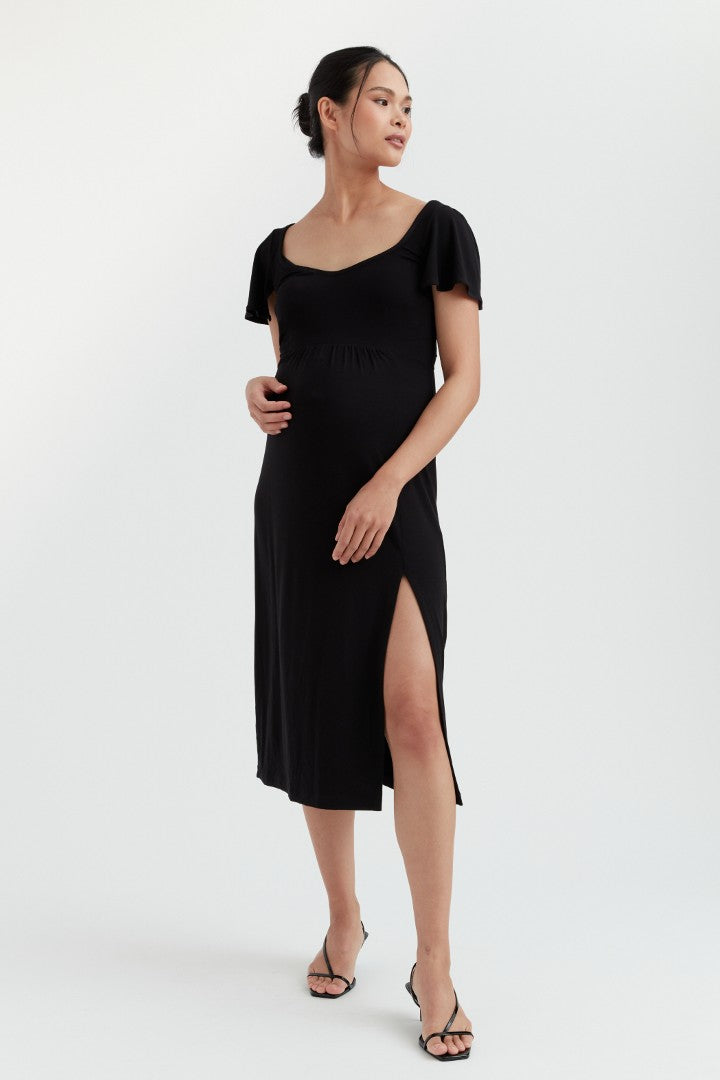 Selena Flutter Sleeve Black Maternity Slit Midi Dress - Black | CARRY Maternity Dresses Canada