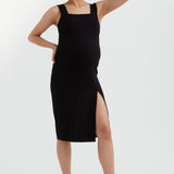 Soft Essential Bamboo Rib Slit Dress | Black | CARRY Maternity | Maternity Baby Shower Dresses Canada