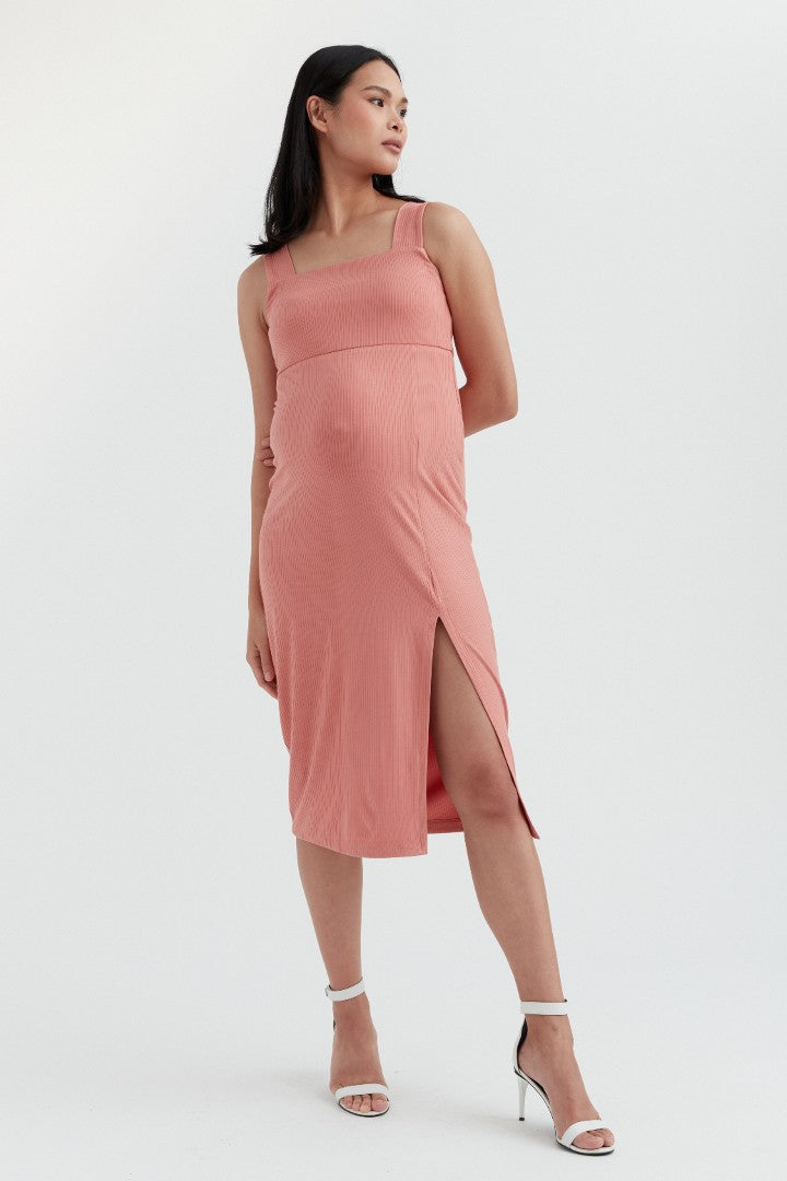 Soft Essential Bamboo Rib Slit Dress | Peach Pink | CARRY Maternity | Maternity Baby Shower Dresses Canada