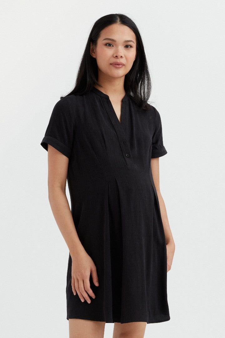 Tencel Pleated Maternity & Nursing Shirt Dress | Black | CARRY | Maternity Dresses Canada