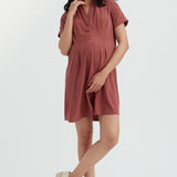 Tencel Pleated Maternity & Nursing Shirt Dress | Redwood | CARRY | Maternity Dresses Canada
