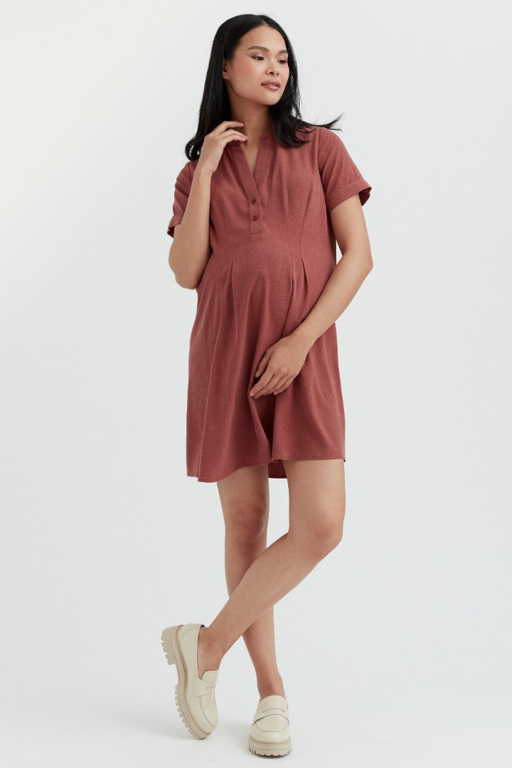 Tencel Pleated Maternity & Nursing Shirt Dress | Redwood | CARRY | Maternity Dresses Canada