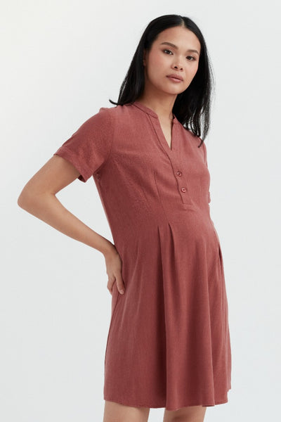 Tencel Pleated Maternity & Nursing Shirt Dress | Redwood | CARRY | Maternity Dresses Canada
